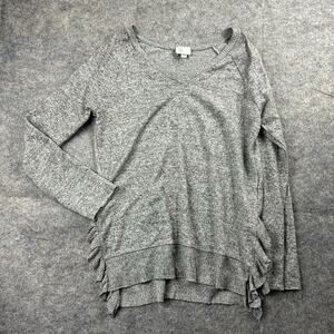 Anthropologie Postmark Sweater Women’s XS Gray V-neck Pullover Ruffled Hem Soft